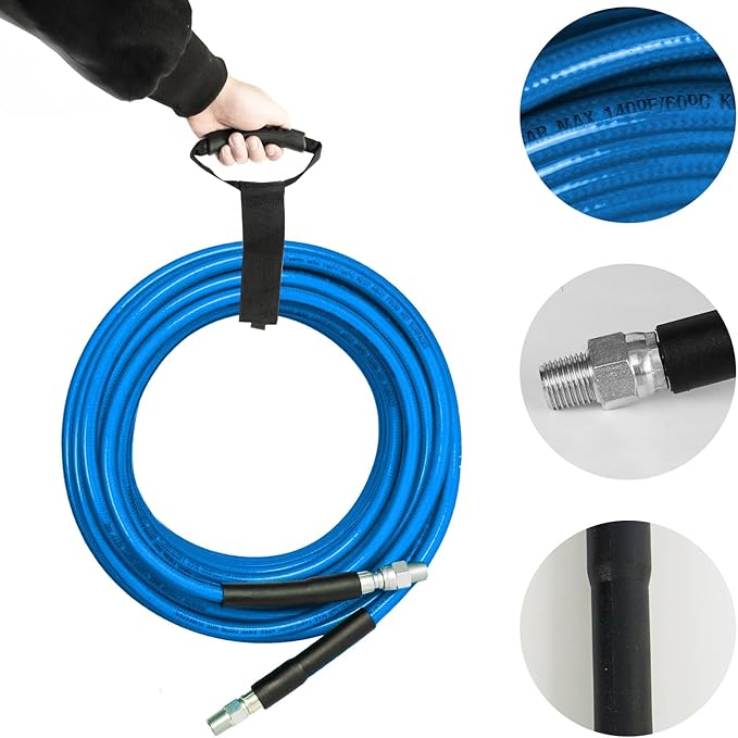 Xiny Tool Sewer Jetter Kit for Pressure Washer 150FT, 4000 PSI Drain Cleaner Hose 1/4 Inch NPT, Corner Rotating and Button Hose Sewer Jetting Nozzle Pearl Corsage Pin Tape Handle Strap Spanner, Blue