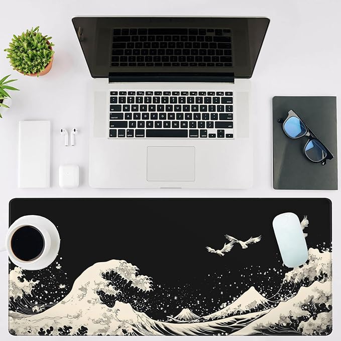 NIYLYNSYN Mouse Pad Large White Wave Non-Slip Gaming Desk Mat with Stitched Edge Laptop Keyboard Desk Pad for Work Home Gaming (35.4 x 15.7 Inches)