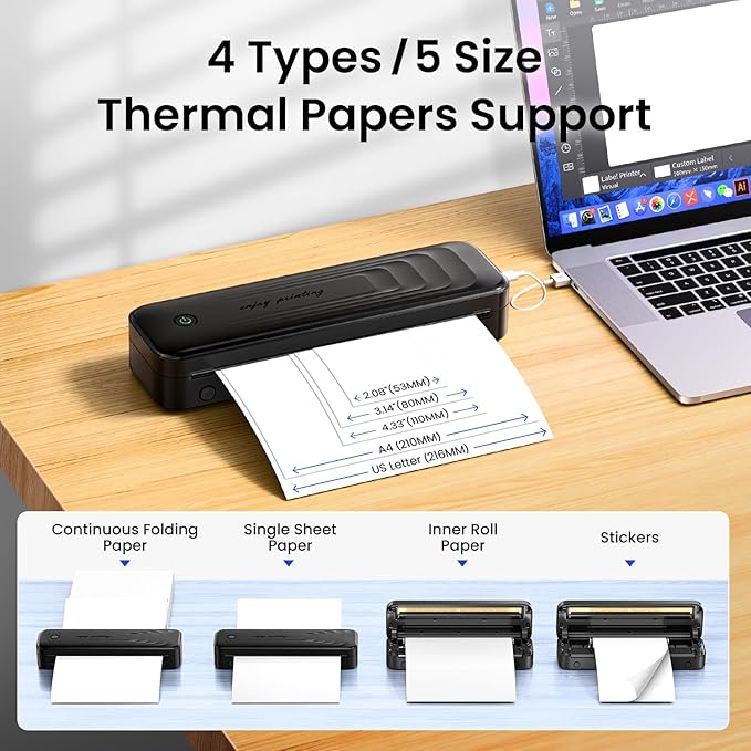 Portable Printers Wireless for Travel, Bluetooth Inkless Thermal Printer Support 8.5" X 11" US Letter, Small Mobile Printer for Phone Laptop, with Carry Case & 4 Rolls Thermal Paper, Dark Grey