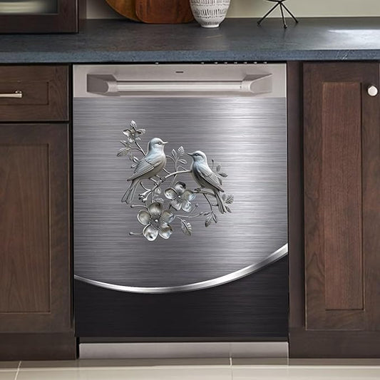Grey Metal Silver Bird with Flower Pattern Magnetic Dishwasher Cover Sheet,Polishing Steelbird Dishwasher Skin Decor Silver Texture,23X26 INCH Magnet Rerigerator Kitchen Panel Decal Sticker