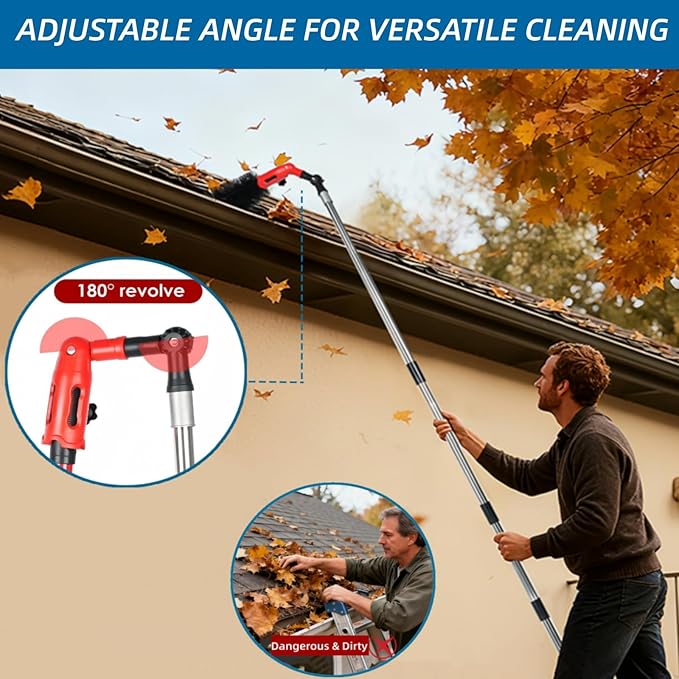 Gutter Cleaning Tools from The Ground, Adjustable Gutter Cleaning Pole with 180Â° Pivoting Head, Gutter Rake & 2 Gutter Brush, Gutter Cleaner Tool for Removing Leaves, Debris & Spider Webs (Black)
