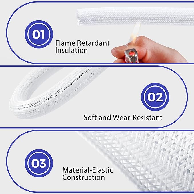 YCLYC Cable Management Sleeves 1in - 2 Pack 6.6ft Split Braided Cable Sleeve White, Cord Protectors from Pets, Wire Organizers for Cords, Flexible Cord Wrap Wire Sleeve for Computer Cord Organizer