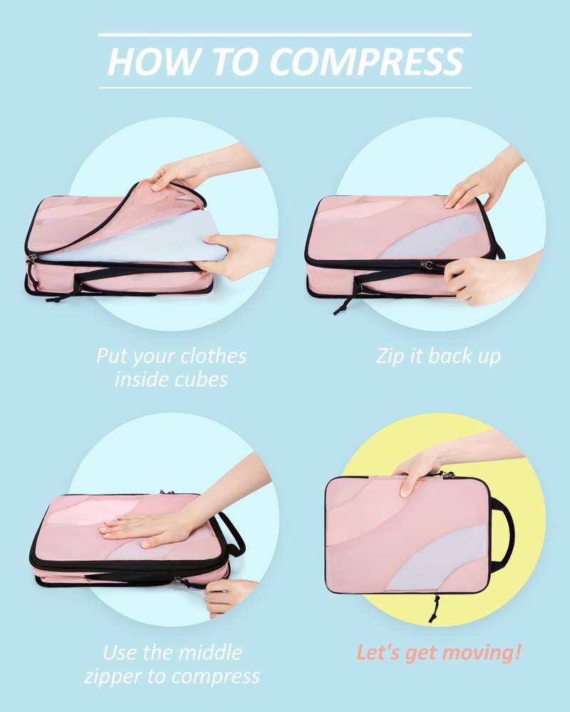 BAGSMART Compression Packing Cubes for Travel, 6 Set Travel Packing Cubes for Suitcases, Compression Suitcase Organizers Bag Set, Lightweight Packing Organizers Baby Pink