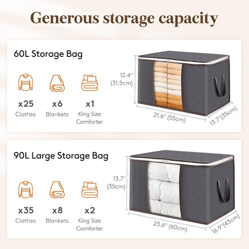 Lifewit 90L Clothes Storage Bins - 4 Pack Foldable Bags with Zippers & Clear Window for Easy Organization