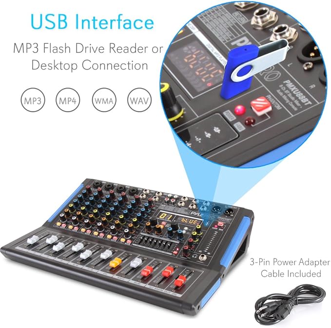 Pyle 8-Channel Console Style Audio Mixer with Bluetooth - DJ Sound Controller, 4 XLR / Combo Inputs, Sub Out, +48V Phantom, USB-A In, 16 DSP Effects, MP3 Player, 7-Band EQ - PMXU88BT