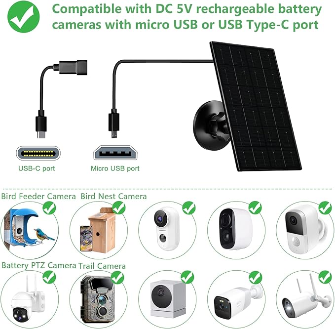 Zivif 4W Camera Solar Panel, USB/Type-C Solar Charger with Rechargeable Battery Powered Camera, 9.8ft Cable, Waterproof, Adjustable Mount (2 Pack)