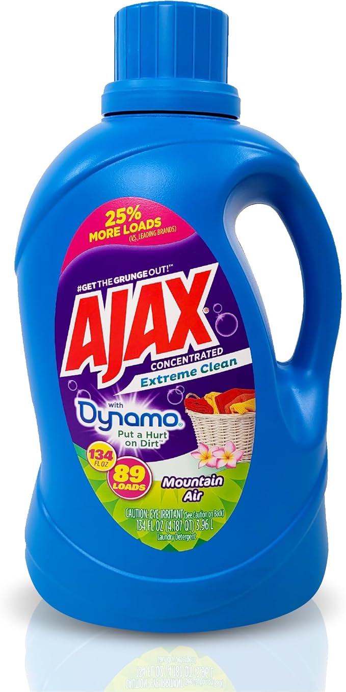 Ajax + Dynamo Mountain Air Laundry Detergent Liquid â Totally Awesome Cleaner with Deep Clean Power, Stain & Odor Remover, HE Compatible, 134oz (Pack of 4), 356 Loads, Fresh Scent