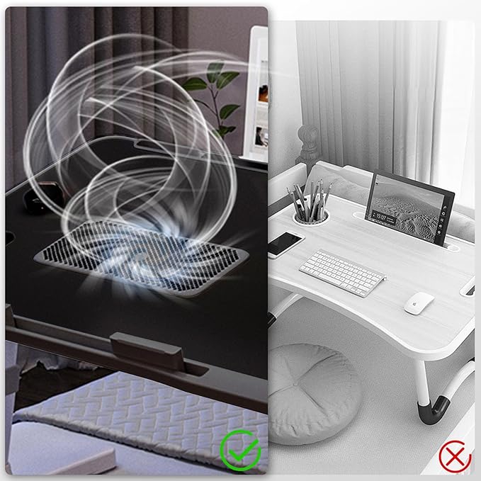 iXTRA Laptop Lap Desk Include Cooling Fan,Adjustable Lap Desk with Light Fan,Folding Laptop Desk for Bed with USB,Bed Desk with Storage Drawer 60 * 40cm,Black