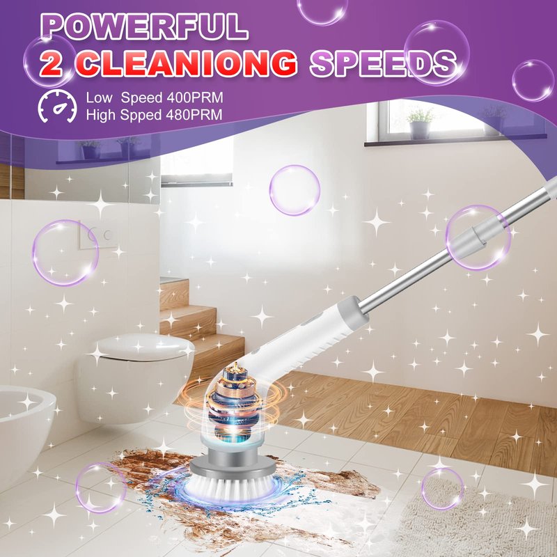 Electric Spin Scrubber, 2 Spin Speeds Cordless Shower Scrubber with 7 Replaceable Brush Heads & Adjustable Extension Arm, Shower Cleaning Brush for Bathtub Tile Floor