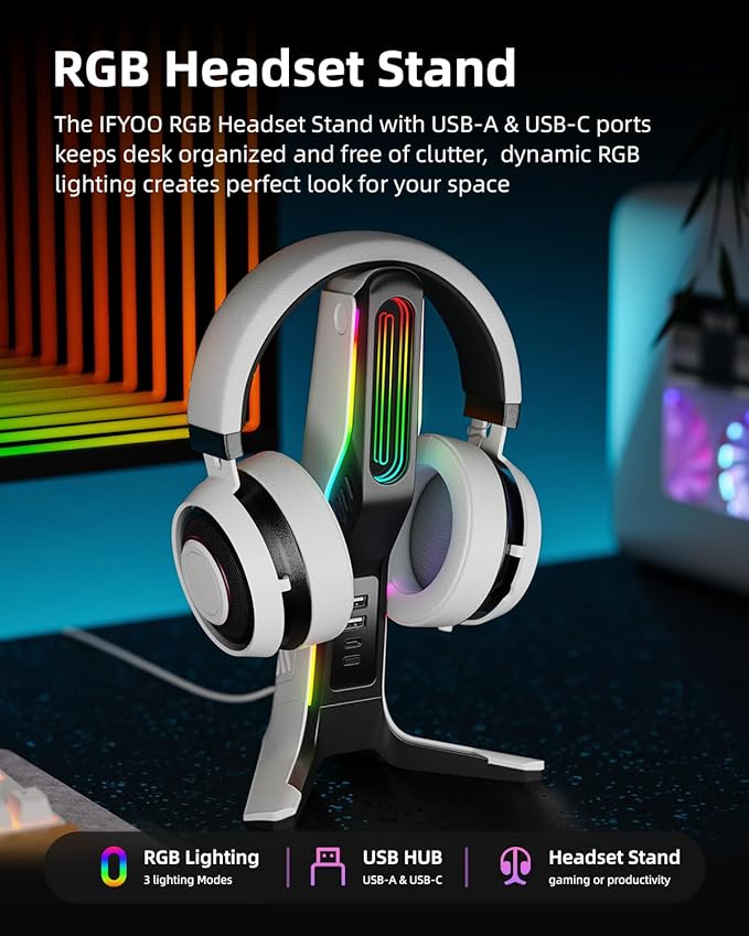 IFYOO RGB Gaming Headset Stand with 2 USB and 1 Type-C Ports, Game Headphone Mount for PC Computer, Xbox One, Xbox Series S/X, PS5, PS4, Earphone Holder Hanger, Desk Gamer Accessories, Black&White
