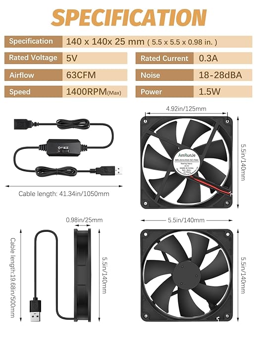 AmRunJe 140mm x 25mm USB Computer Fan with 3 Speed Degree 5v PC Cooling Fan for DVR Receiver PlayStation Xbox AV Cabinet