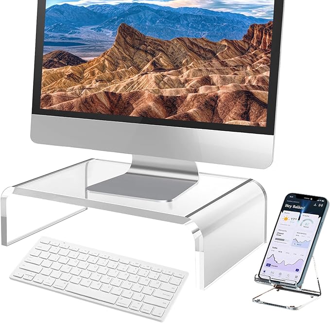 VAOLLO Clear Monitor Stand Riser, Computer Monitor Stand/Acrylic Monitor Riser for Home Office Laptop, PC Desk Stand for Keyboard Storage & Multi-Media Laptop Printer TV Screen (14"/7.1"/3.6")