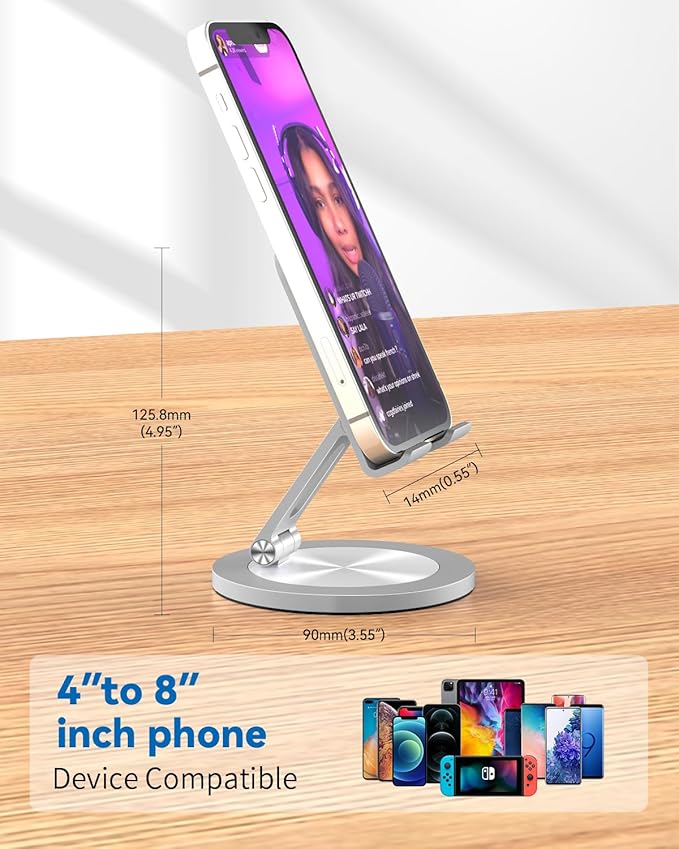YCNEW Phone Stand for Desk, 360° Rotating Dual Adjustable Foldable Holder, Heavy Solid All-Aluminum Base Anti-Slip Stable Support for Home Office Study, Fits iPhone Galaxy 4-8" Phones (Silver)