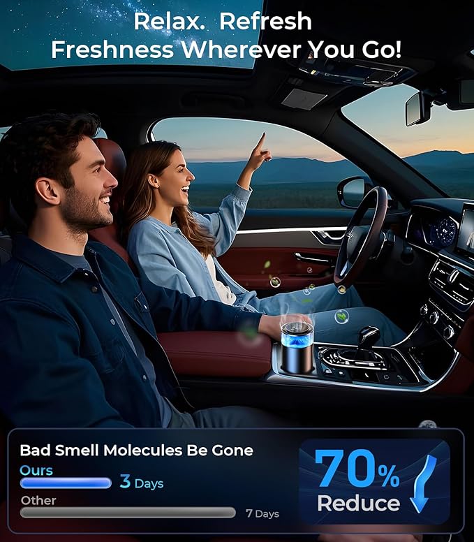 Hitolza Smart Car Air Fresheners, Ambient Light & Mist, Auto On/Off, Adjustable Intensity Car Air Freshener Diffuser, Fragrance Lasts 6 Months, Built-in Battery, Scent Refill X2 - Osmanthus Orchid
