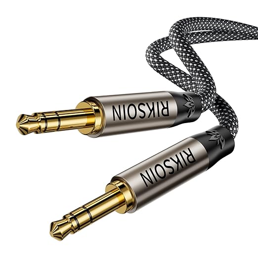 RIKSOIN 3.5mm Nylon Braided Aux Cable 4FT, Silver-Plated Wire Core Male to Male Cord for Headphones Car Home Stereos Speaker Compatible with iPhone iPad iPod Echo More