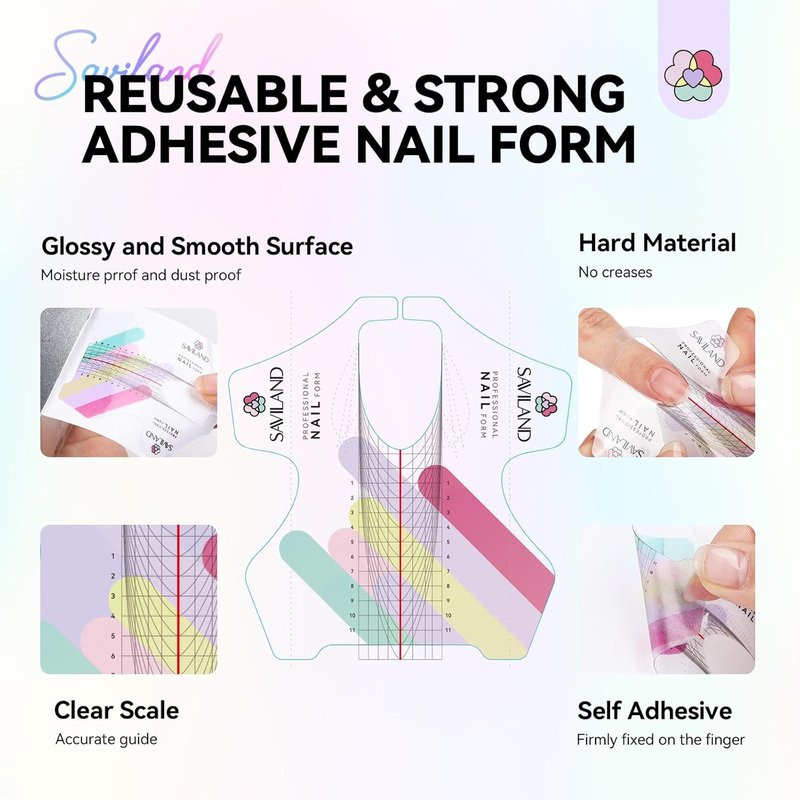 SAVILAND Plus Nail Forms - Reusable Sticky Nail Extension Forms for Builder Gel & Acrylic | Precise Length Guide