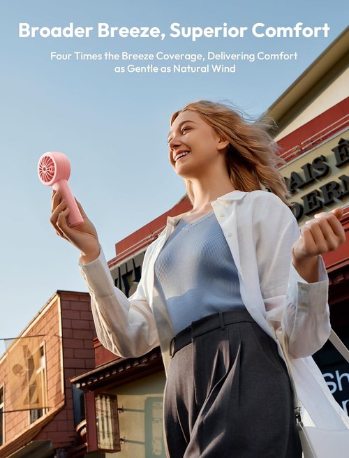 Aecooly Portable Handheld Turbo Fan - 24H Cooling, 5-Speed USB Rechargeable Mini Fan | Pink for Travel & Home