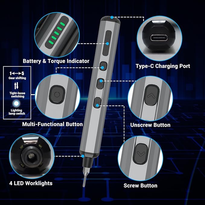68 in 1 Mini Electric Screwdriver Set for Phone Watch Electronics PC Glasses repair tool kit, Magnetic precision bits, 5 Adjustable Torque, LED lights, Cordless Portable Rechargeable Type-C high power