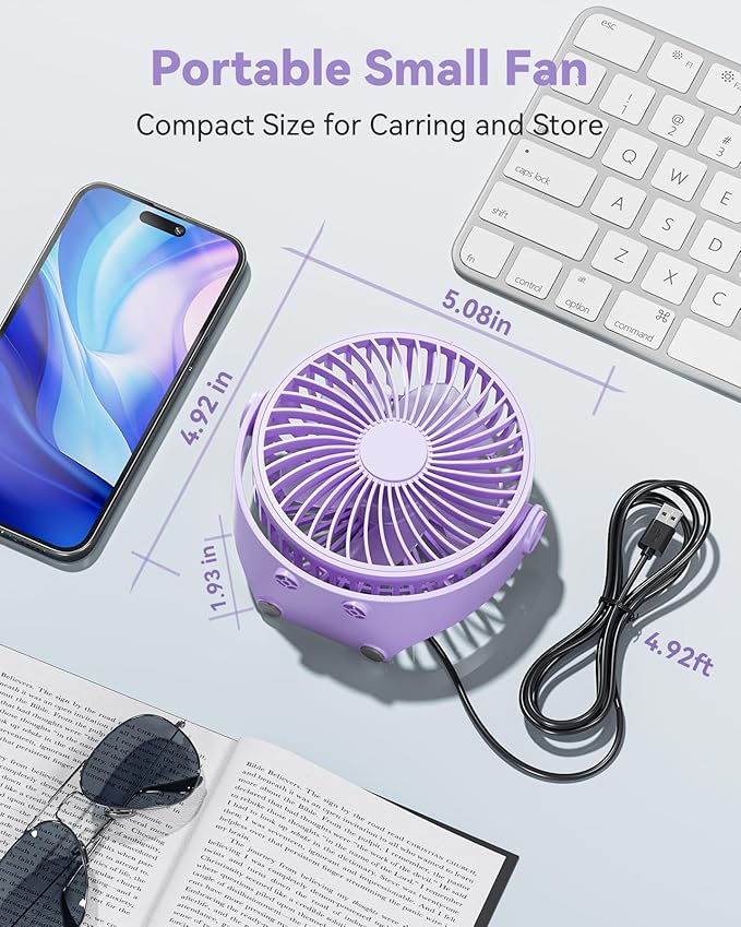 Edvision USB Desk Fan, 5 Inch Mini Portable, 3 Speeds Strong Airflow Personal Desktop, Detachable Cooling Fan 360° Rotation Quiet Small Fan for Desk Home Office Travel Car, Purple, 5ft Cable