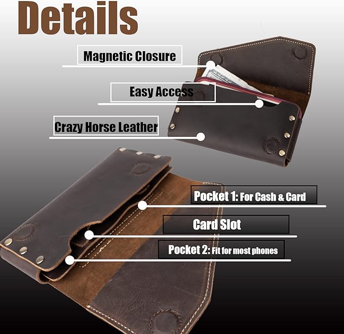 Topstache Leather Phone Holster - Leather Belt Pouch with Card Holder for Galaxy S25/S24 - Magnetic Closure Belt Loop Cell Phone Holder Pouch for iPhone 17/17 Pro/16/16 Pro, L,Darkbrown