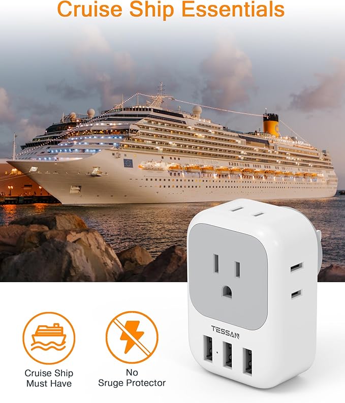 TESSAN USB C Charger Block 20W PD, Fast Charging Adapter with Foldable Plug, 1875W Power Outlet Extender(4 AC and 4 USB) for Cruise, Home, Office, Dorm Room Essentials, Grey