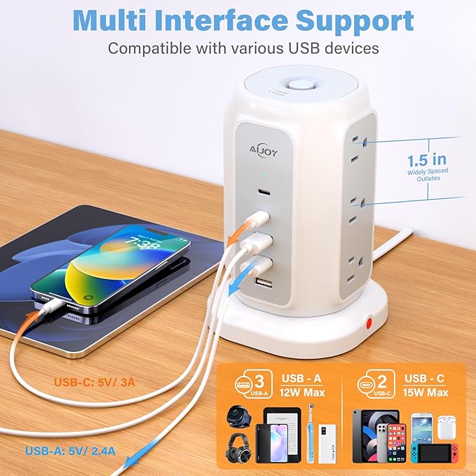 AiJoy Flat Plug Power Strip Tower 9 Outlets and 5 USB Ports (2 USB-C), 1200J Surge Protection, 6.5ft 1625W Extension Cord Charging Station for Home, Office Supplies, Dorm Essentials