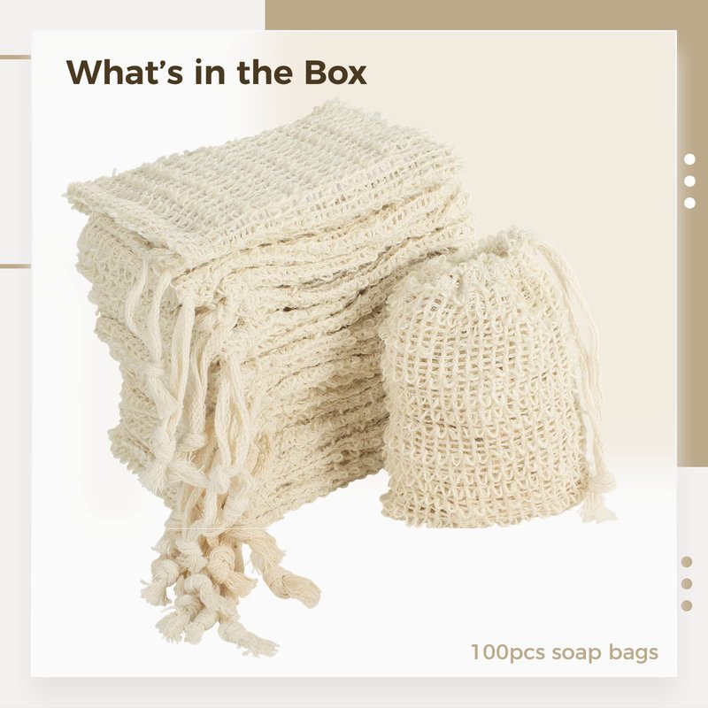 COSYOO 100 Pcs Sisal Soap Saver Bag with Drawstring, Plastic-Free Soap Saver Bags Reusable& Natural Bubble Exfoliating Pouch for Bath & Shower, Zero Waste Mesh Bag for Foaming & Drying Soaps