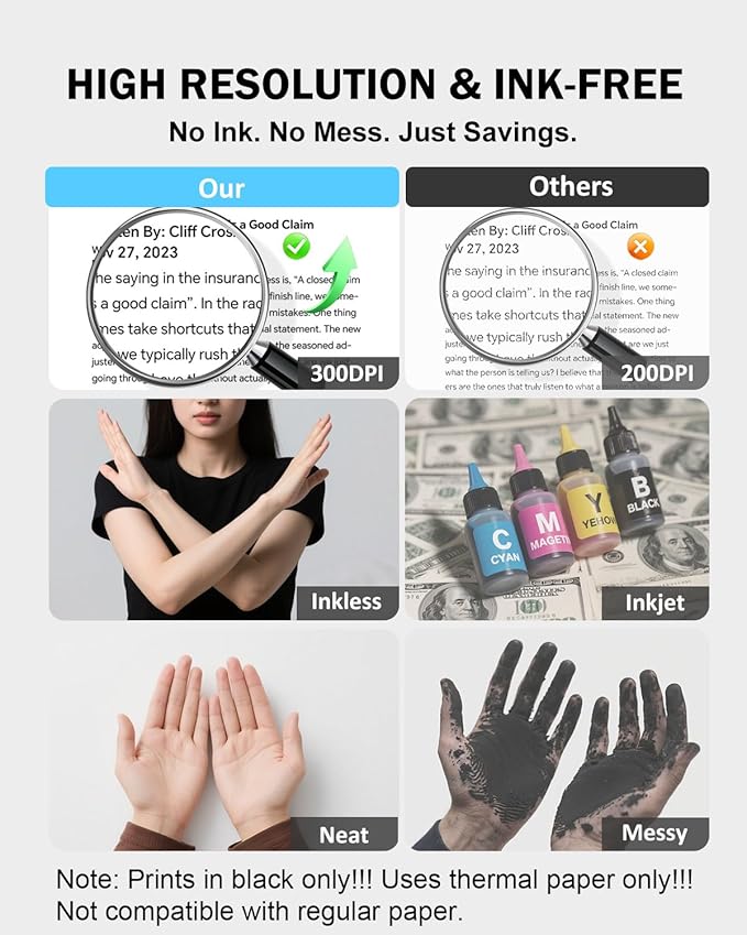 Inkless Portable Printer for Travel, Wireless Thermal Printer Supports 8.5 x 11" US Letter, A4, MT610Pro 300DPI Small Bluetooth Printers Compatible with iOS Android Laptop for Home Office Car, Black