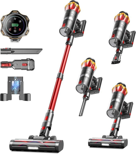 Cordless Vacuum Cleaner, 650W/55KPa 70Mins Vacuum Cleaners for Home, Self-Standing Stick Vacuum with Anti-Tangle Brush & OLED Touch Screen, Vacuum Cleaner for Hardwood Floors,Carpet,Pet Hair,Car (Red)