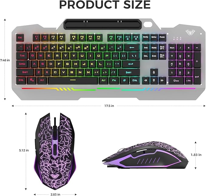 AULA Gaming Keyboard and Mouse, 104 Keys RGB Backlit Computer Keyboards Mouse and Keyboard Combo with Number Pad, All-Metal Panel Wired PC Keyboard for Laptop Win XP/7/8/10, T102 New Update Version