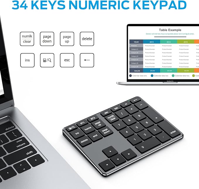 iClever Bluetooth Number Pad, Aluminum 34-Key Wireless Numeric Keypad, USB-C Rechargeable Numpad Keyboard for Data Entry and Accounting, Compatible with Laptop, Mac, Surface Pro, PC Desktop