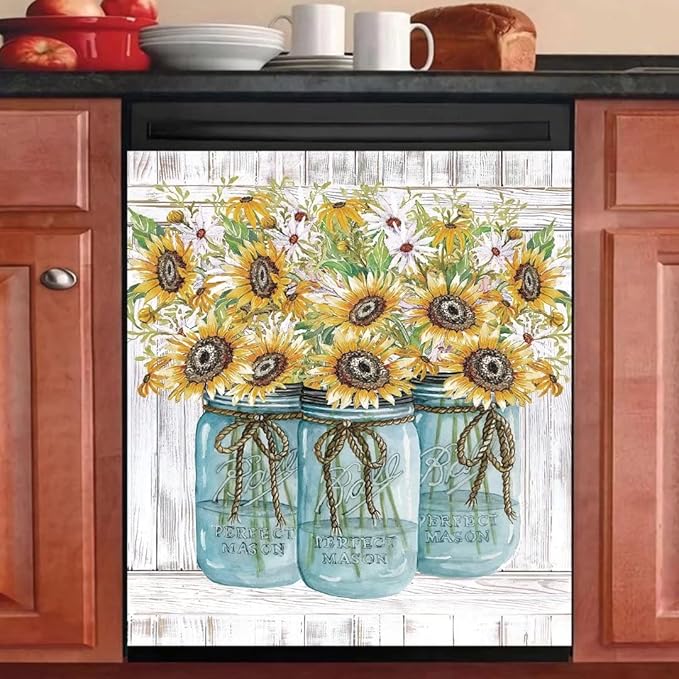 Farm Sunflower Dishwasher Cover Sticker, Vase Sunflowers Fridge Decal Panel, Farm Style Vinyl Home Appliance Cover, Ordinary 23"x26"INCH