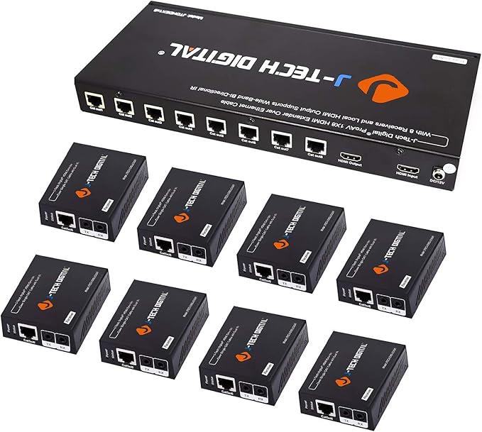 J-Tech Digital 1x8 HDMI Extender Splitter/HDMI Amplifier/ProAV Premium Quality Over Cat5e/Cat6 Cable up to 164 feet