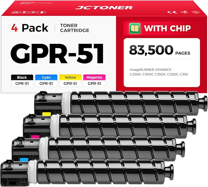 GPR-51 GPR51 Toner Cartridge 8516B003 8517B003 8518B003 8519B003 Replacement for Canon ImageRunner Advance C250if C255if C350if C350p C355if Printer Ink High Yield 4-Pack Set Black Cyan Magenta Yellow