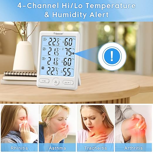 Geevon Indoor Outdoor Thermometer Wireless, 5-Inch Display Digital Hygrometer Thermometer Temperature Humidity Monitor with 3 Remote Sensors and Backlight, Battery-Powered