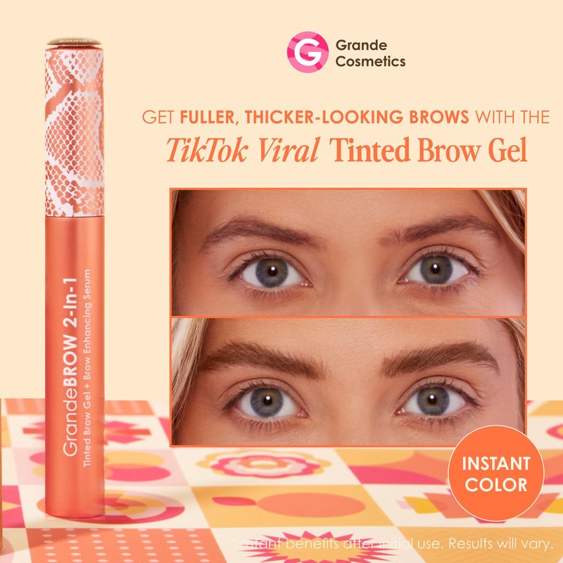 Grande Cosmetics GrandeBROW 2-in-1 Tinted Brow Gel + Brow Enhancing Serum for Thicker & Darker-Looking Eyebrows, Shape & Fill Brows, with Castor Oil & Mini Fibers - Medium, Travel Size (0.07 fl oz)