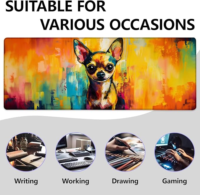 Mounidso Colorful Chihuahua Large Mouse Pad, Gaming Mouse Pad, Keyboard Mat, Non-Slip Rubber Base, Office Accessories, Desk Mat, MousePads for School, Work, Home Decor Gifts 31.5" x 11.8"