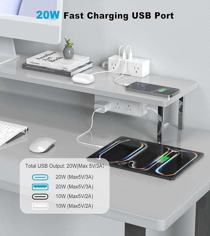 Dual Layer Desk Clamp Power Strip, Desktop Edge Mount Surge Protector with 15 AC Outlets & 4 USB Ports(20W USB-C), Ultra Thin Flat Plug & 10FT Power Cord for Office Home(ETL Listed)