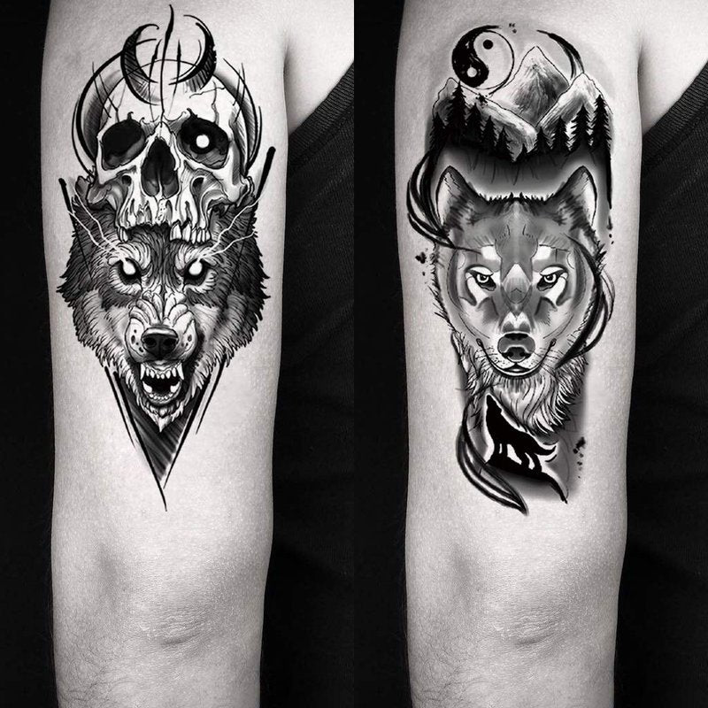 Oottati 8 Sheets Wolf Taichi Totem Skull Moon Forest Flower Arm Leg Temporary Tattoo