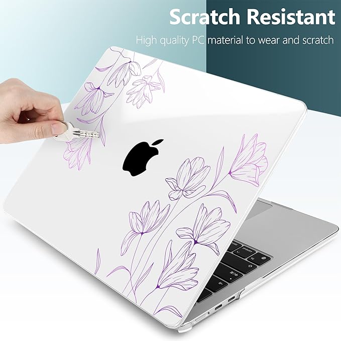 TWOLSKOO for MacBook Air 13 inch Case M4 A3240 M3 A3113 M2 A2681 2025 2024 2022 Plastic Hard Shell, Keyboard Cover, Type C Adapter, Screen Protector for MacBook Air 13.6 inch, Engraved Floral2