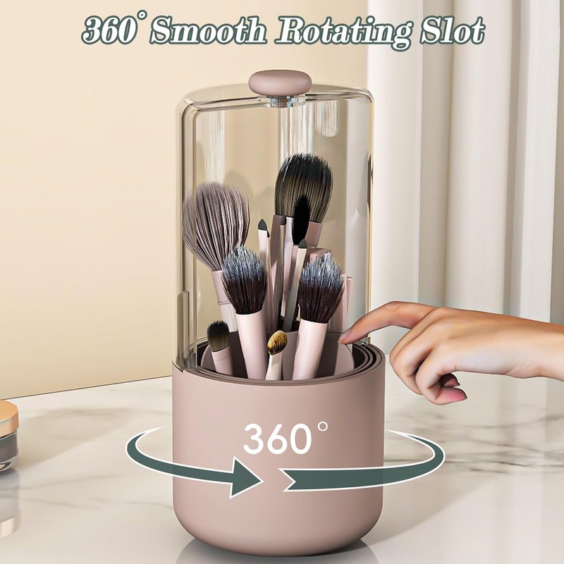 Zufudo Makeup Brush Holder with Dustproof Cover, Clear 360 Rotating Make Up Brushes Organizer for Counter Vanity Bathroom, Pink