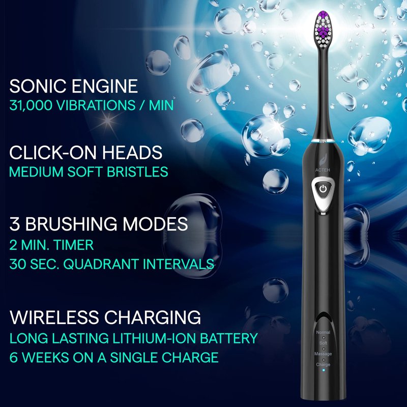 Acteh Sonic Electric Toothbrush, Rechargeable Toothbrush w/ 3 Brushing Modes, 2min. auto-Timer, 30sec. Quad-Reminder and Long-Lasting, Extended Charge Battery (White)
