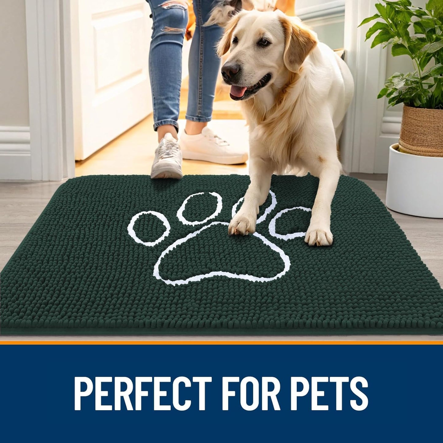 OLANLY Dog Door Mat - Absorbent Non-Slip Mud Mat for Muddy Paws | 24x16 Paw Print Design, Quick Dry Blackish Green