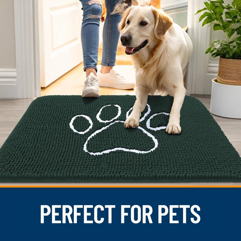 OLANLY Dog Door Mat for Muddy Paws 24x16, Paw Print Design, Absorbs Moisture and Dirt, Absorbent Non-Slip Washable Doormat, Quick Dry Chenille Mud Mat, Entry Indoor Entryway Carpet, Blackish Green
