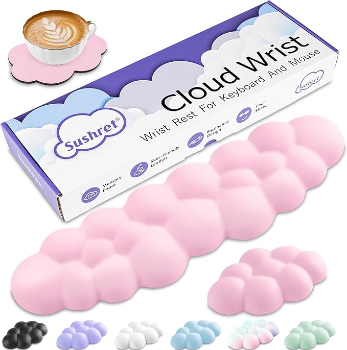 Sushret Cloud Wrist Rest Keyboard, Cloud Keyboard Wrist Pad Set with PU Leather Memory Foam, Cute Arm Rest for Palm Support, PC/Gaming Desk Accessories/Office Setup/Computer Hand Cushion - Pink