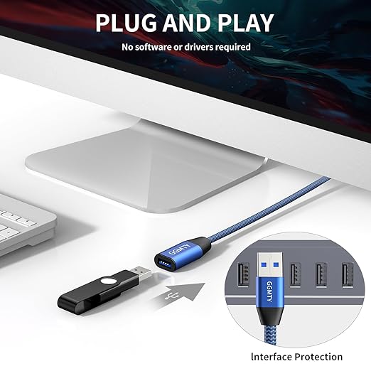 GGMTY USB 3.0 Extension Cable 3FT, Type A Male to Female Extender Cord, 5Gbps High Speed Data Transfer with 24/28 AWG Copper, Blue-Black Braided Sync Wire for Keyboard, Mouse, Flash Drive, PC