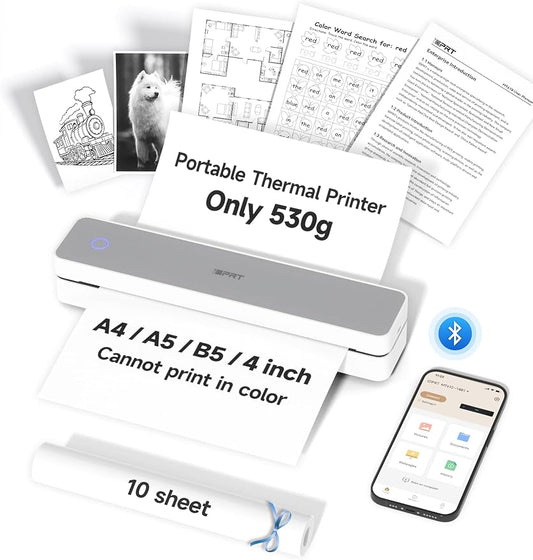 iDPRT MT610 Portable Thermal Printer, Mobile-Travel-Printers, Inkless-Wireless-Small-Printer for Home Use, Office, Vehicles, Bluetooth Printers Supports 8.5 x 11 US Letter&A4&A5, Gray White