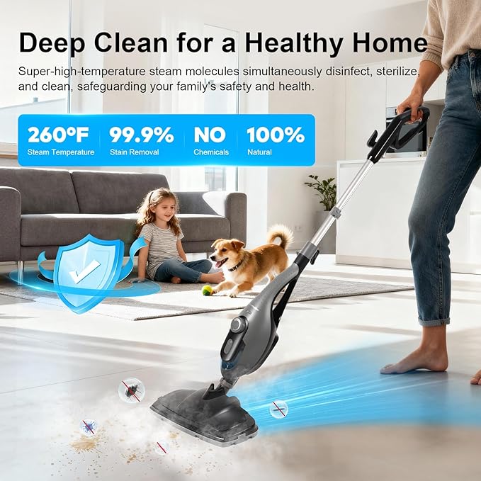 11-in-1 Steam Mop, 1550W Powerful Handheld Steam Cleaner, 260Â°F Multi-Functional Floor Steamer with 21.3FT Cord for Floors, Hardwood, Tiles, Grout, Windows, Kitchen, Bath, Adjustable (Grey)
