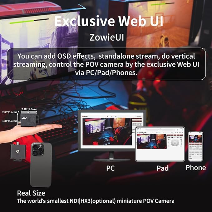 zowietek 4K Native NDI|HX3 POV Box Camera PoE, ZowieCAM, SDI & HDMI & UVC Output, Standalone RTSP/RTMP(s)/SRT Live Streaming, Ultra-Compact, Interchangeable Lens, PC/Mobile Phone/Tablet Control (M12)