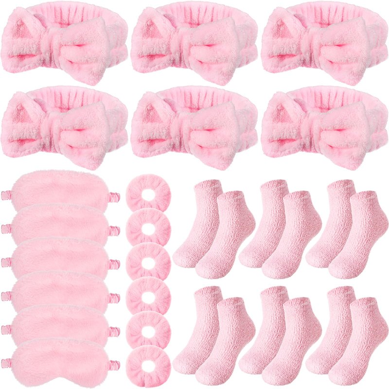 Shyyween 30 Pieces Galentine Spa Sleepover Party Supplies 6 Pink Bow Headband 6 Plush Sleep Eye Mask 6 Velvet Scrunchies 6 Pair Fuzzy Sock for Spa Slumber Party Favors Valentine Gift
